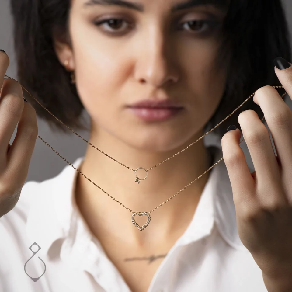 گردنبند طلا ظریف طرح قلب و حلقه کد 147